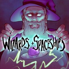The Wizards and Spaceships logo, showing a bearded wizard in a purple hat, lit from below, casting lightning on a UFO in an orb. It's sick af.