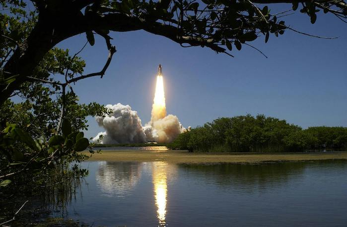 a rocket taking off over a lake with a tree in the foreground.