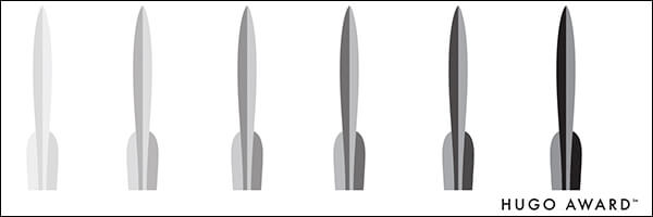 the rocket shaped hugo award, fading from light to dark, with the text "hugo award" in the bottom corner.